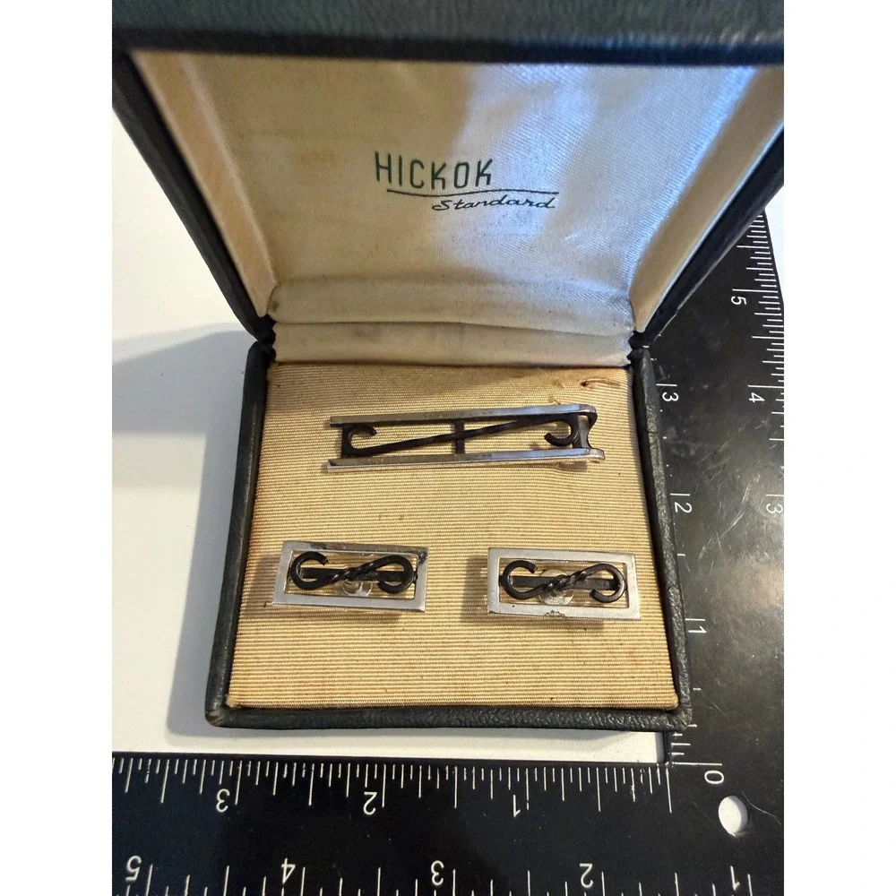 Vintage‎ Hickok Standard Cufflinks Tie Bar Set Silver Tone Black Scroll USA Made